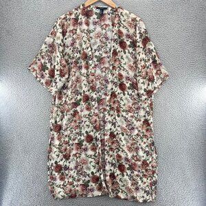 Forever 21 Top Womens Medium Ivory Floral Kimono 1/2 Sleeve Longline Flowy Rose